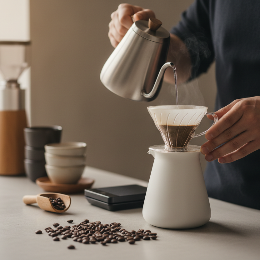 Specialtycoffee brygning med pour-over metode - barista hælder varmt vand over friskmalede kaffebønner