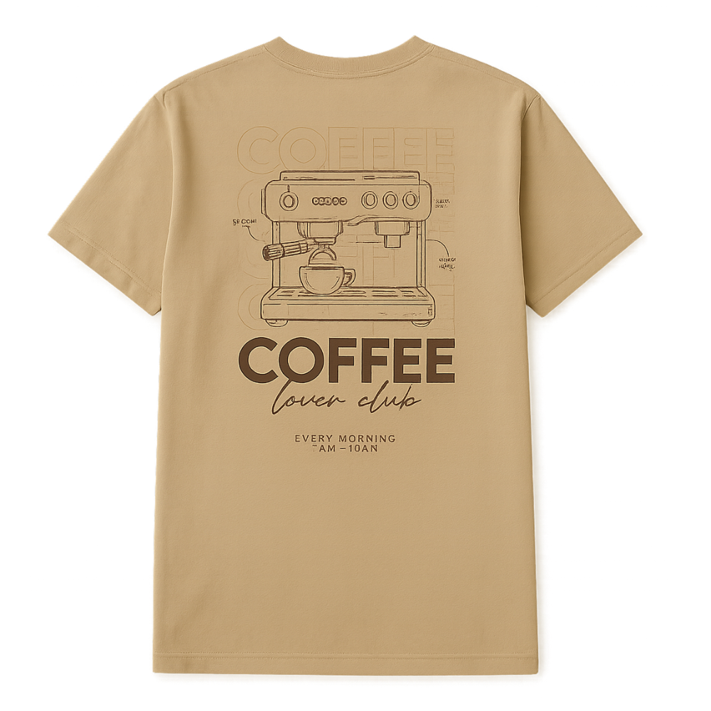 Beige t-shirt med print af enkaffemaskine