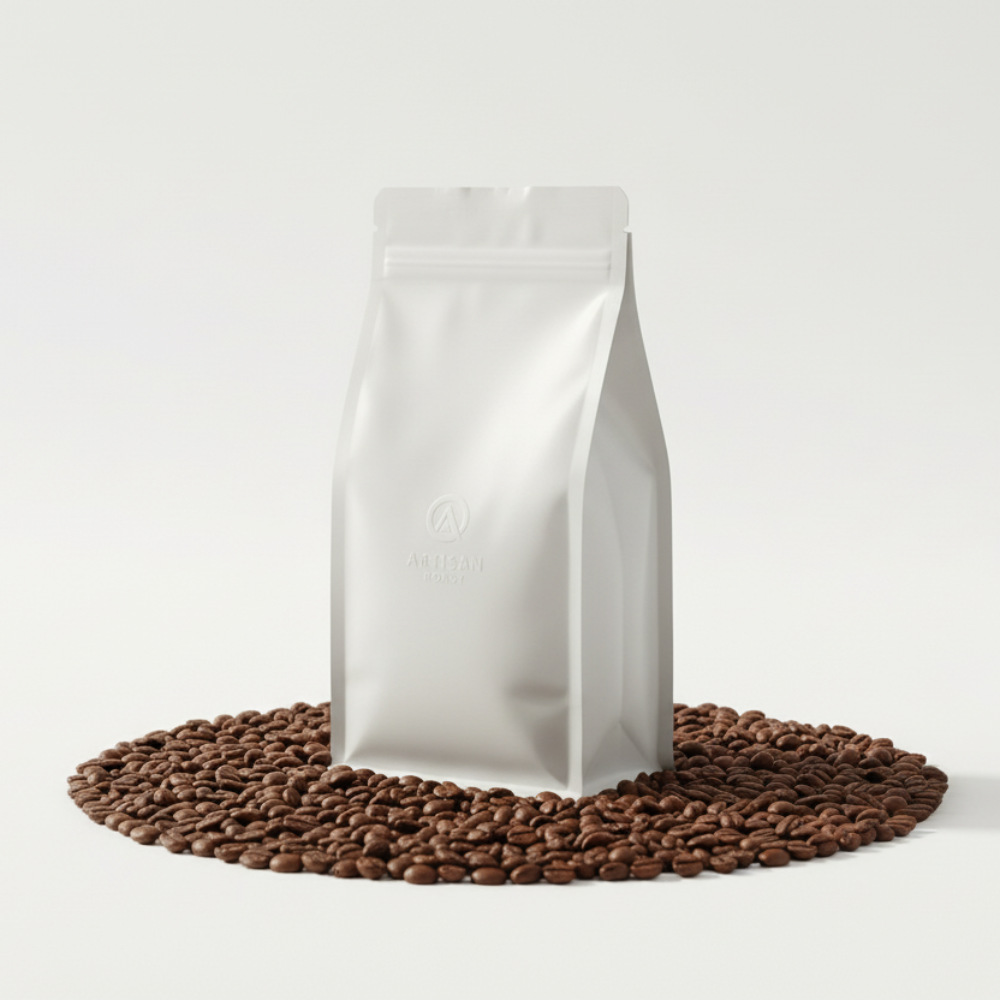 Kaffepose stående på kaffebønner på hvid baggrund