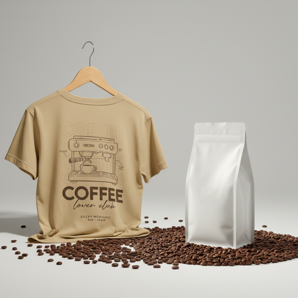 Naturligt produktbillede med t-shirt og kaffepose