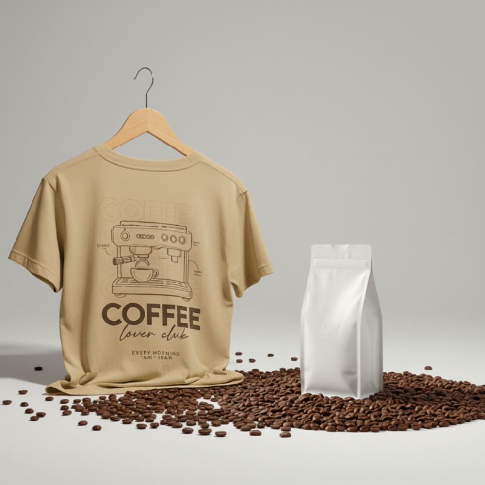 Naturligt produktbillede med t-shirt og lille kaffepose